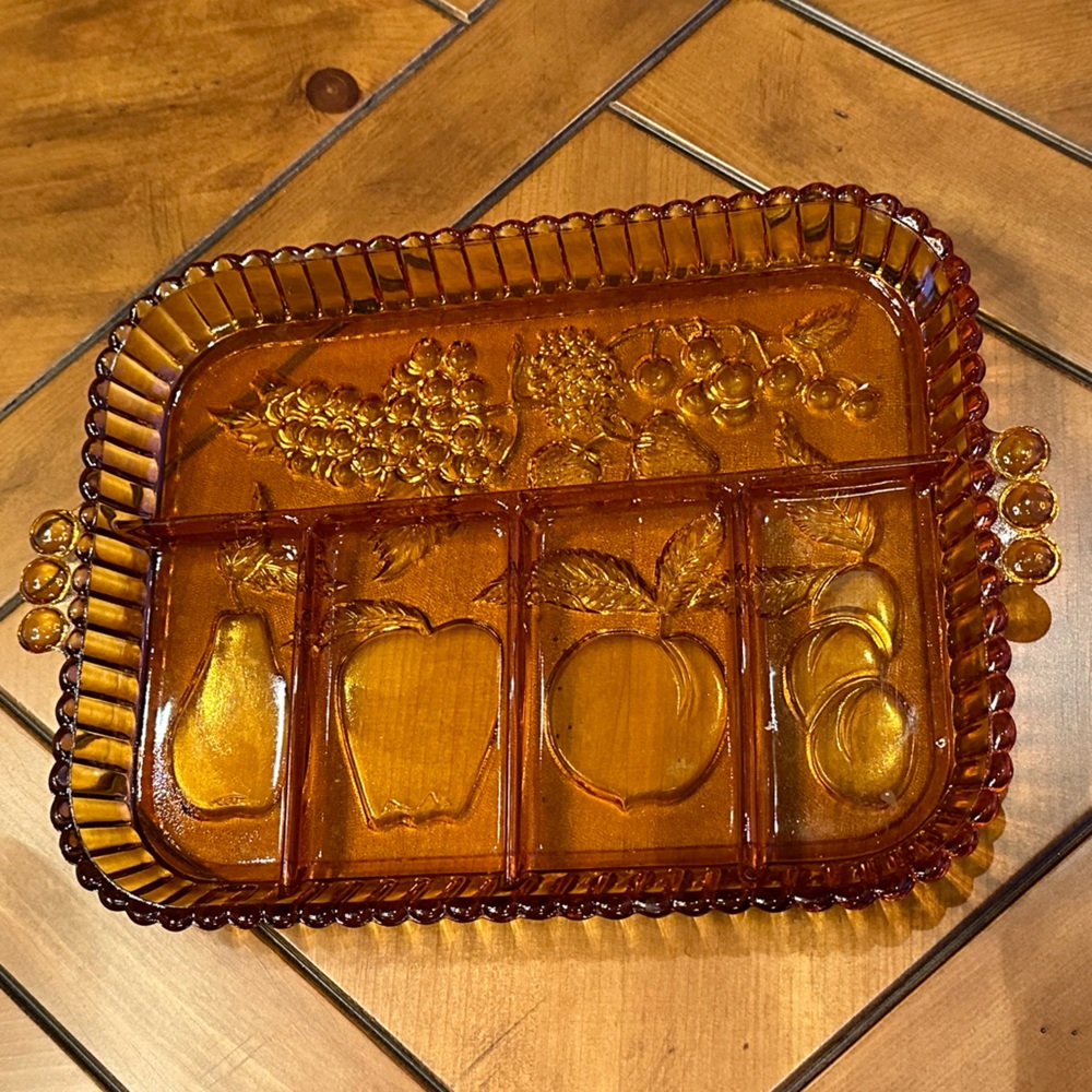 Vintage Amber Indiana Glass handled divided serving tray with fruit design